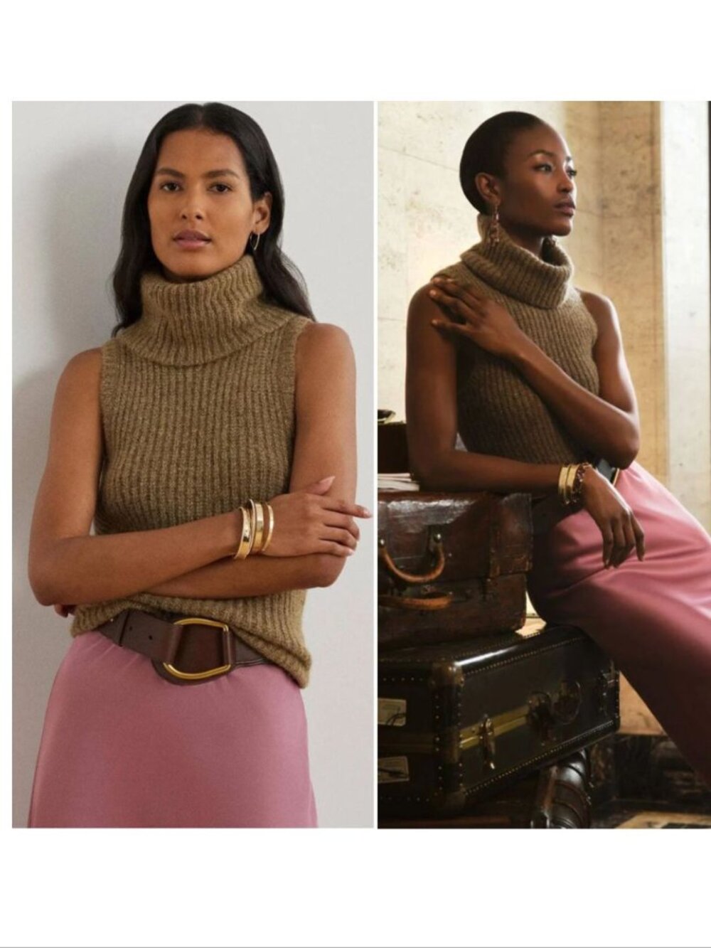 RALPH LAUREN Lauren Bruma Sleeveless Turtleneck Sweater Sz L Brown Metallic NEW